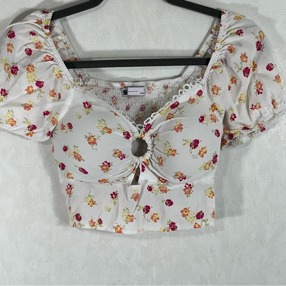SO White Short Puff Sleeve Crop Top Floral Print Blouse Juniors